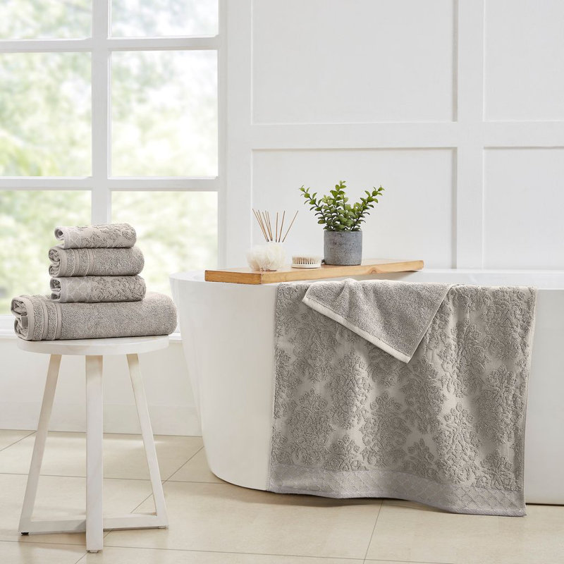 Modern Threads 6-Piece Damask Jacquard/Solid Ultra Soft 550GSM 100% Combed Cotton Towel Set with Embellished Borders, Gray