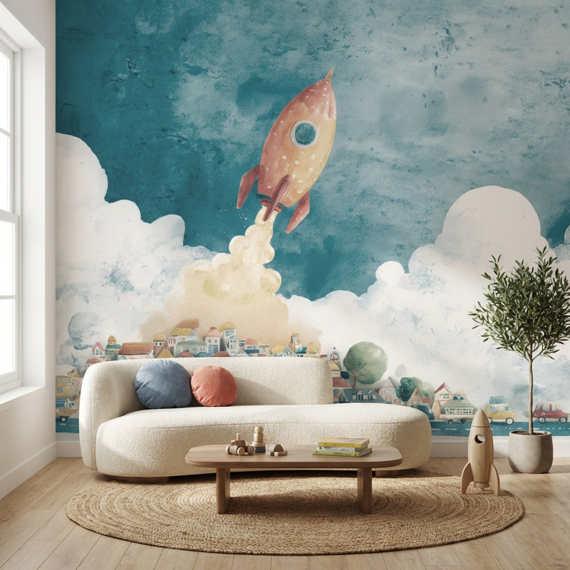 Rocket Wallpaper Town Removable Clouds Wall Mural, Textured Non-Pasted, 160"x108"