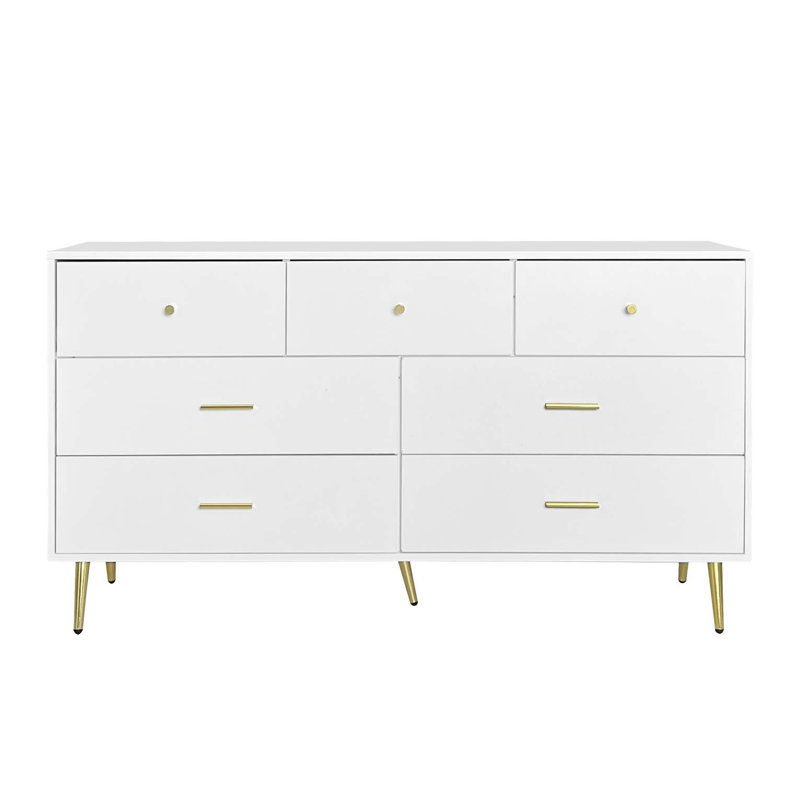 Grande commode à sept tiroirs avec poignée dorée et pieds dorés