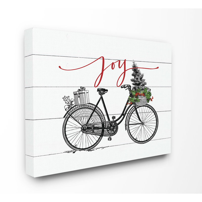 «Planked Look Holiday Joy Bicycle with Tree and Gift», impression, Toile tendue, H 24 po x l 30 po x 1,5 po