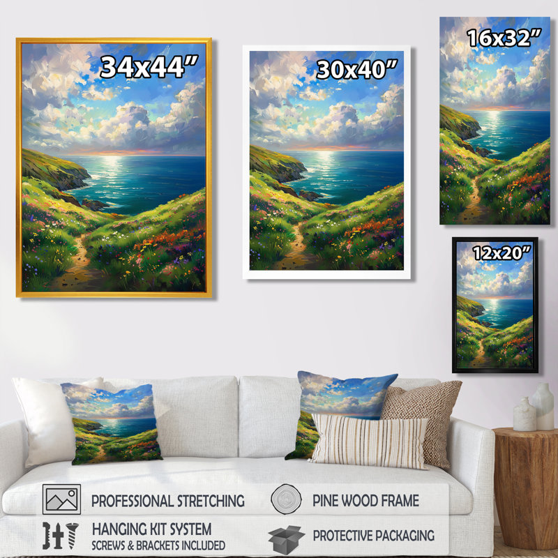 Chemin de montagne fleuri vers l'océan bleu, ciel blanc - rivière, art mural, salon, Toile avec cadre flottant noir