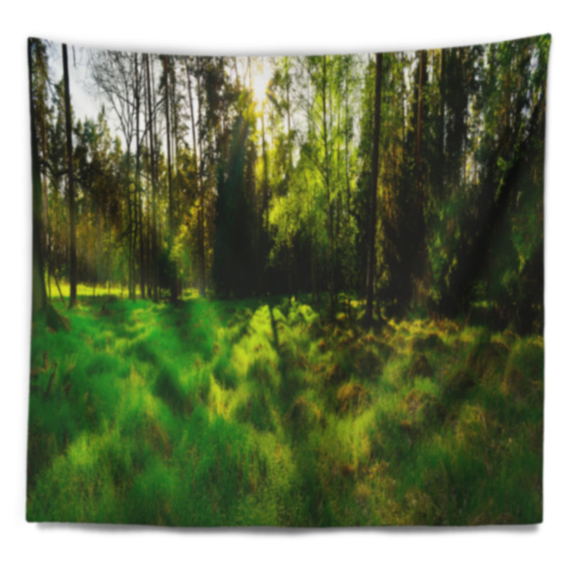 Paysage, forêt verte, coucher de soleil, tapisserie panoramique, H 68 po x l 80 po