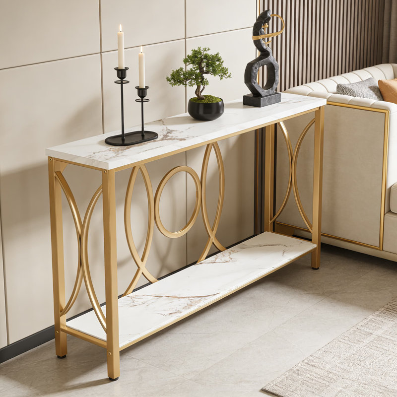 Console moderne avec plateau en faux marbre et rangement à 2 niveaux, canapé étroit pour le salon, le vestibule ou le couloir, structure en bois d'ingénierie et en métal