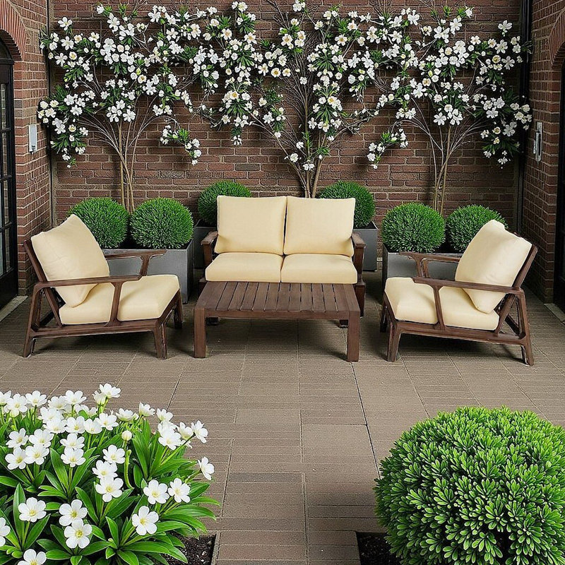 Ensemble de canapé d'extérieur moderne en bois d'acacia avec coussins résistants à l'eau et table basse - Ensemble de conversation pour patio toutes saisons