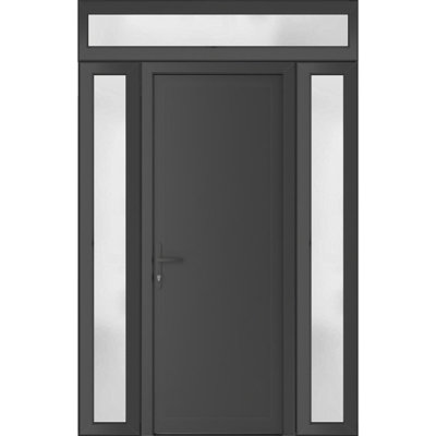 Front Exterior Prehung uPVC Metal-Plastic Door Frosted Glass Manux 8111 Antracite Grey 2 Side and Top Sidelite Transom Office Commercial and Residential Doors Entrance Patio Garage 64 x 94 (W14+36+14 x H80+14) Right hand Inswing