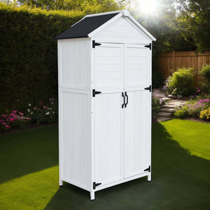 Remise de rangement en bois de sapin blanc avec portes doubles et intérieur organisé