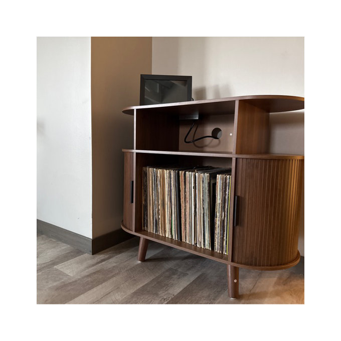 Round Record Player Stand With Charging Station, Turntable Stand Table With Open Storage, Audio Rack - Walnut