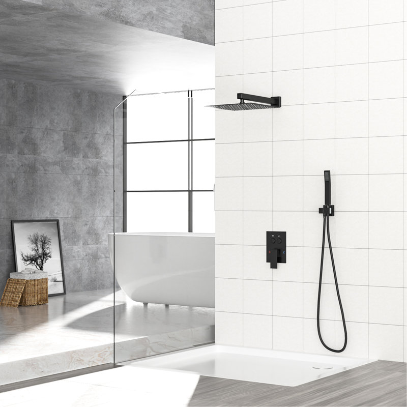 12 Inch Square Wall Mounted Dual Shower Head Matte Black System, - Balanced Scald,  Thin Rainfall Head, 360 Adjustable, Multifunctional For All Needs Function With Valve, Experience, Swivel, And