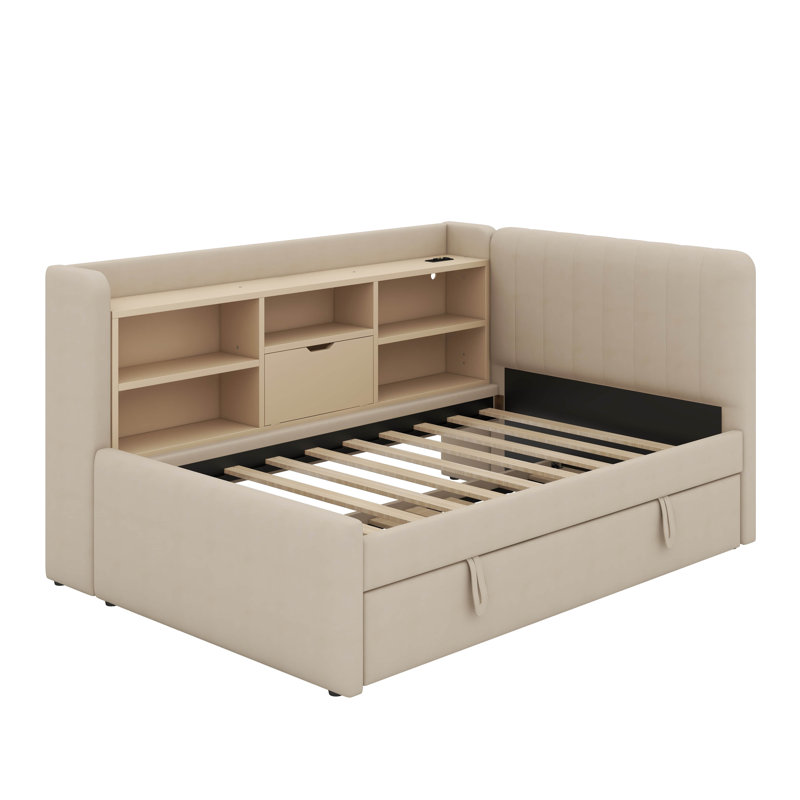 Lit de jour simple rembourré avec lit gigogne, tablettes de rangement, port USB et prise de courant, Beige