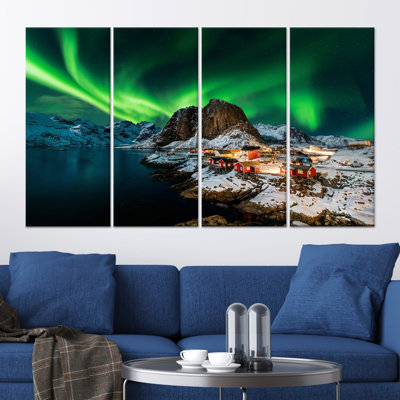 Lofoten Northern Lights Canvas: Printed Norway Night Landscape,4P Wrapped Canvas