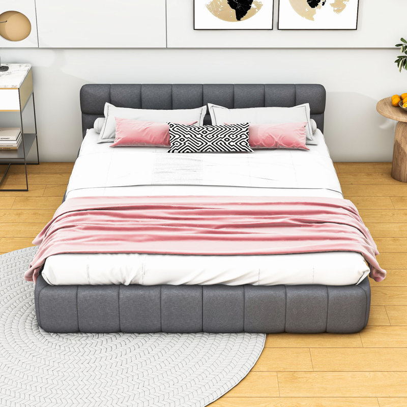 Grand lit plateforme tapissier avec tête de lit et lattes Mekael, gris