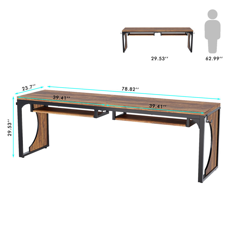 Bureau d'ordinateur extra long 78,7 po avec plateau pour clavier, poste de travail double pour jouer, écrire et étudier, plateau en bois brun rustique avec pieds en métal