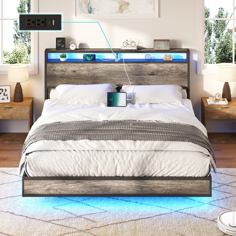 Tryston Floating Bed Frame With Led Lights, Industrial Platform Bed With Charging Station, King, Rustic Gray