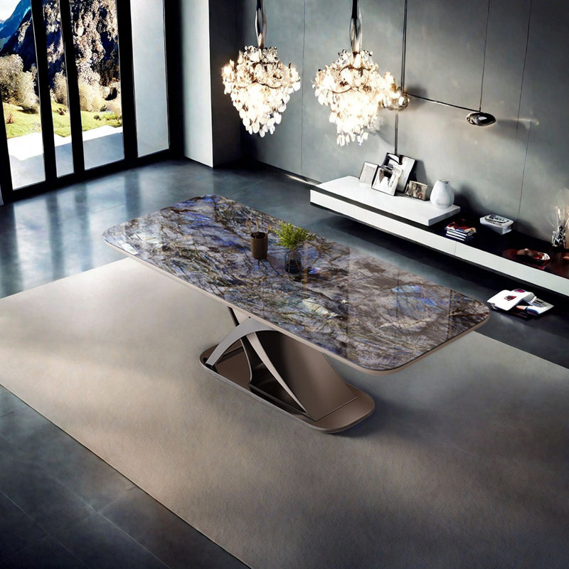 Table de salle à manger luxueuse en pierre frittée, H 29,53 po x L 70,87 po x L 31,5 po, Bleu
