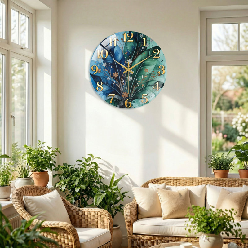 Horloge murale en verre à motif floral, 60 x 60 cm (23,6 x 23,6 pouces)