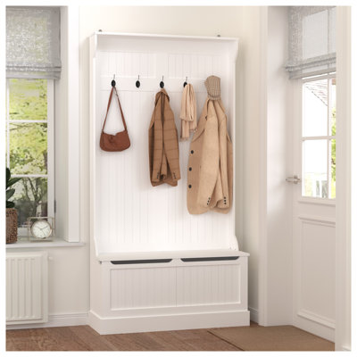 Banc d'entrée avec portemanteau - Arbre d'entrée avec banc de rangement pour chaussures et 5 crochets doubles, organisateur d'entrée blanc pour vestibule, meuble de vestibule avec siège rembourré