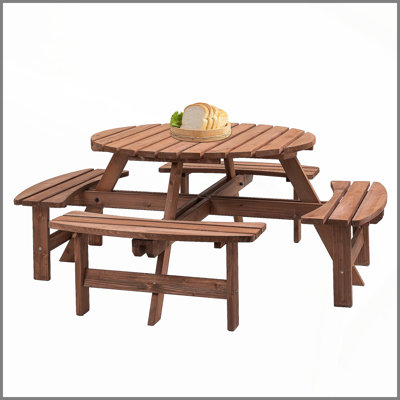 8 Person Wooden Picnic Table, Outdoor Camping Dining Table with Seat, Garden, DIY w/ 4 Built-in Benches, 2220lb Capacity