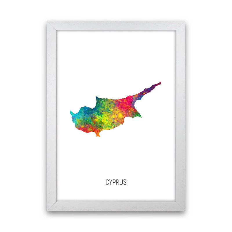 Cyprus Cyprus Watercolour Map by Michael Tompsett - Print, White Framed, 88cm H x 64cm W x 3cm D