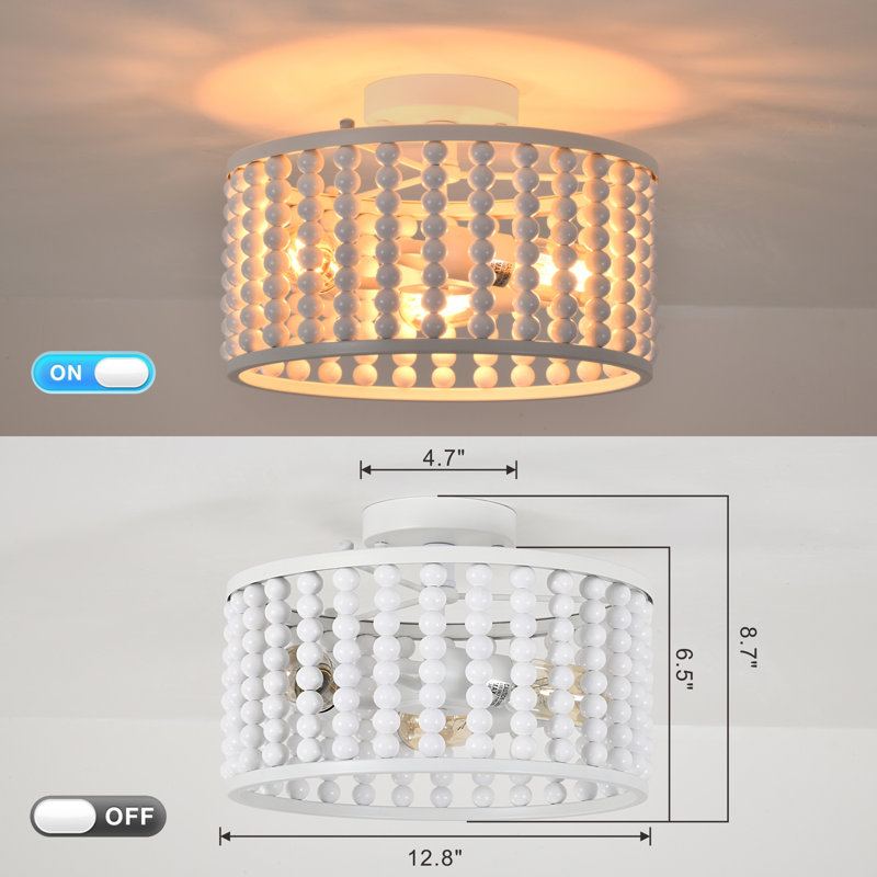 Boho 3-light Wood Beaded Semi Flush Mount Ceiling Light Fixture, White