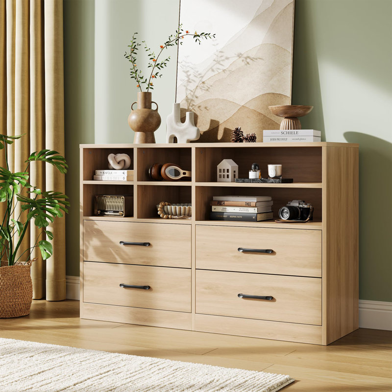 4 Drawer Dresser For Bedroom With 6 Storage Cubbies Adjustable Shelves, Ivory