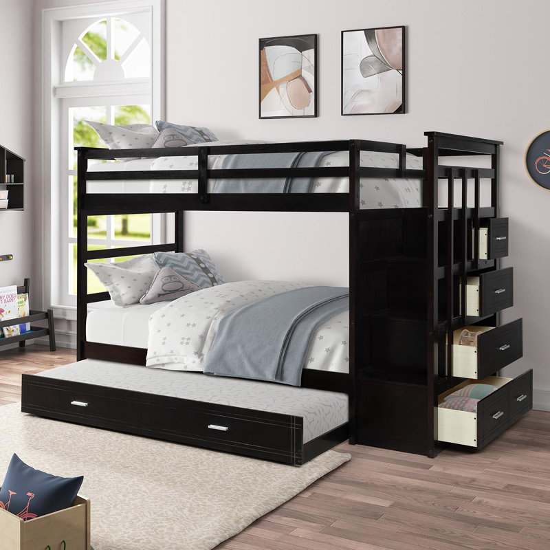 Caldara Kids Twin Over Twin Bunk Bed with Trundle with Drawers, Espresso