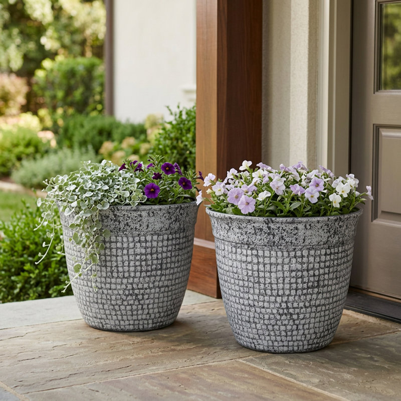 Acerra 2-Piece Mosaic Composite Hand-Painted Pot Planter Set, Concrete