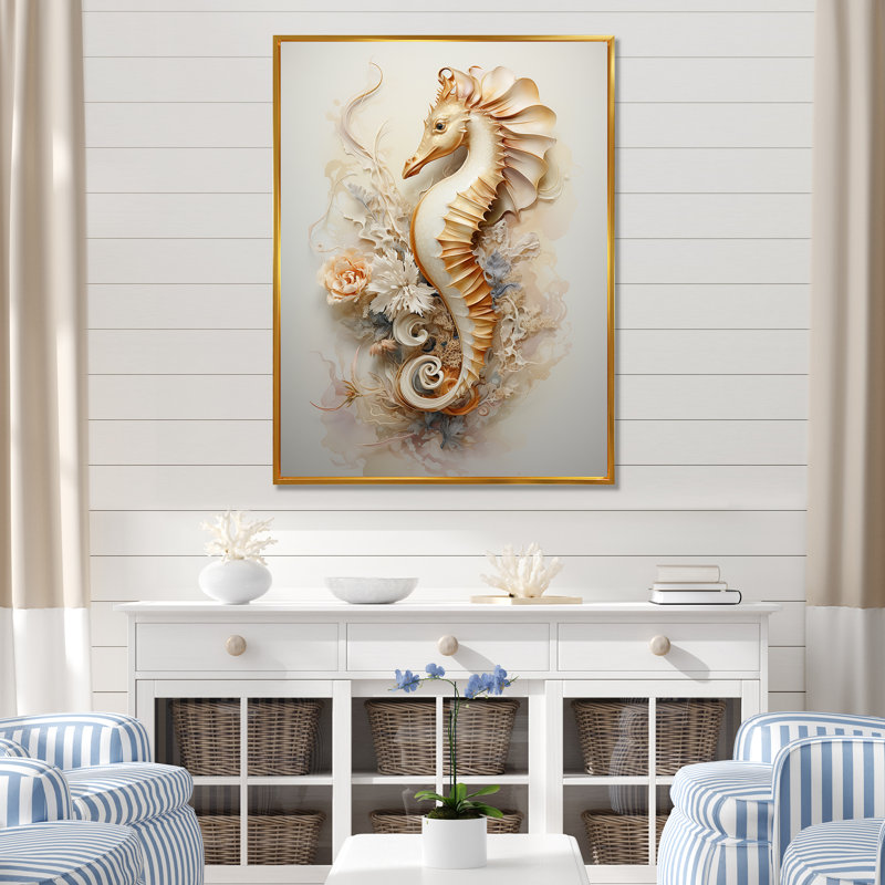 Hippocampe magique beige sur toile, Cadre flottant doré, H 32 po x l 24 po x P 1 po