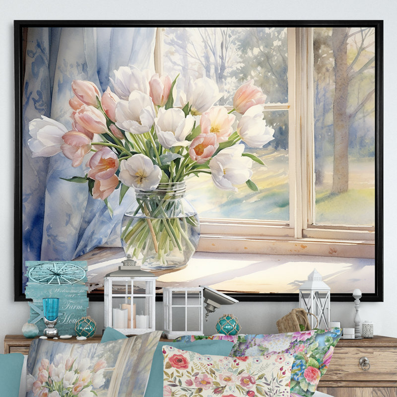 Tulips Farmhouse Still Life - Tulipes, art mural, Cadre flottant noir, H 16 po x l 32 po x P 1 po