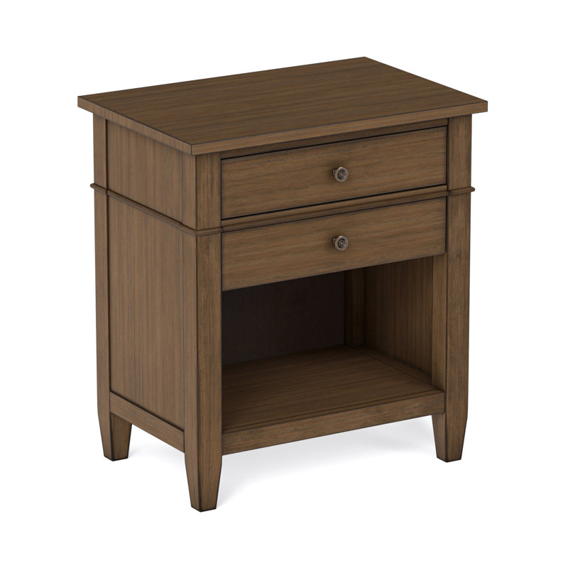 Carlton 24"W Solid Wood Transitional Nightstand with 2 Drawers, Open Storage Shelf and Bronze Hardware