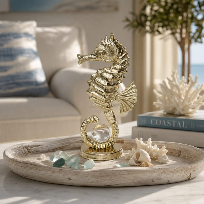 Sculpture moderne hippocampe avec sphère en acrylique pour le style de la maison - objet décoratif en métal pour décoration de salon - 10 po, or
