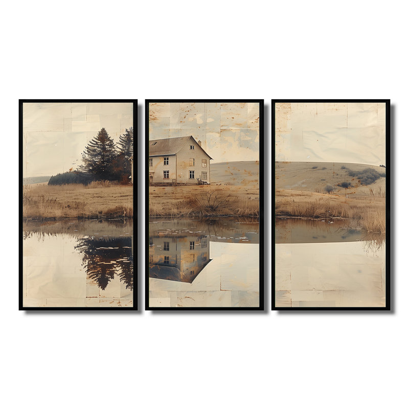 «Brown American Farm Landscape III», ensemble d'art mural, H 28 po x l 36 po x P 1 po, Toile avec cadre flottant noir