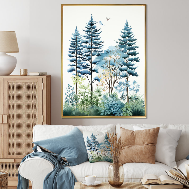 China Pine Tree Mountains - Art mural de Chine, H 20 po x l 12 po x P 1 po, Cadre flottant doré