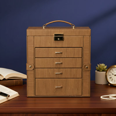 Brown And Gold Synthetic Leather Extra-Large Jewelry Box With Mirror And Lockable Design. Multi-Compartment Gift Box For Storing Watches, Necklaces, Rings, And Earrings.
