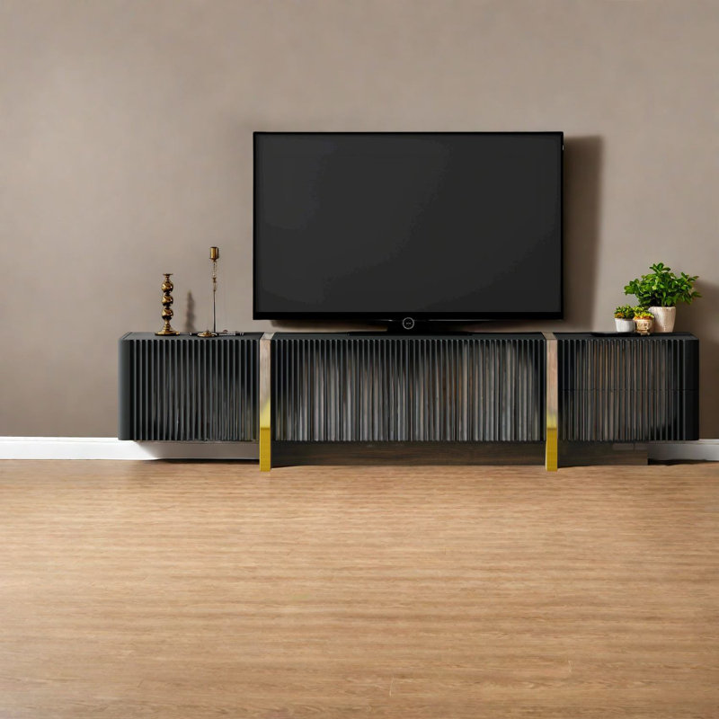 Meuble télé et centre de divertissement de luxe noir, grand rangement en MDF de style moderne