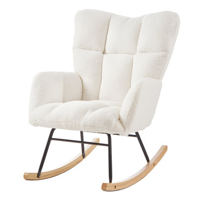  Modern Rocking Chair, Comfortable Nursery Glider with Solid Wood Base for Living Room Bedroom, Ivory