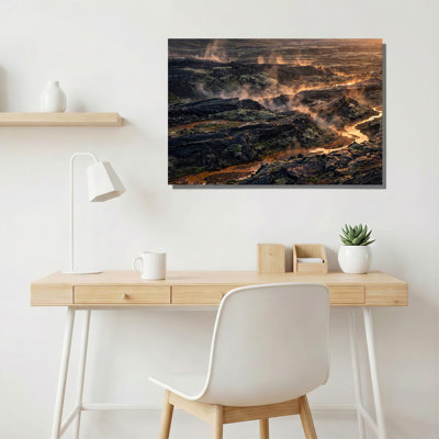 Volcanic Lava Rock Field With Green Moss And Rising Steam Canvas Wall Art