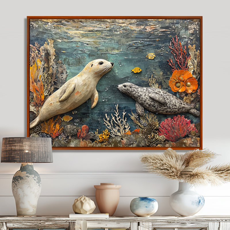 Jouant des phoques dans un paysage de corail I - phoque, art mural, H 30 po x l 40 po, Floater Framed, Brun