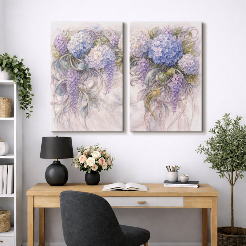 Œuvre botanique florale d'hortensia bleu doux, images de chambre à coucher élégantes, impression sur toile encadrée