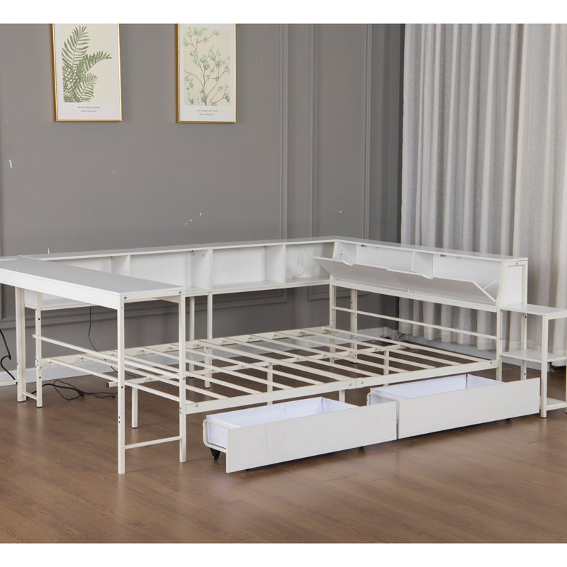 Corner Bed Frame Twin Size with Bookcase and 2 Underbed Storage Drawers, Modern Bed with LED Light and Charging Station, Left and right interchangeable