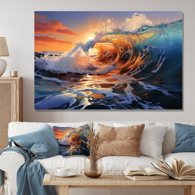 Blue And Orange Sunrise Waves IV - Coastal Waves Wall Art
