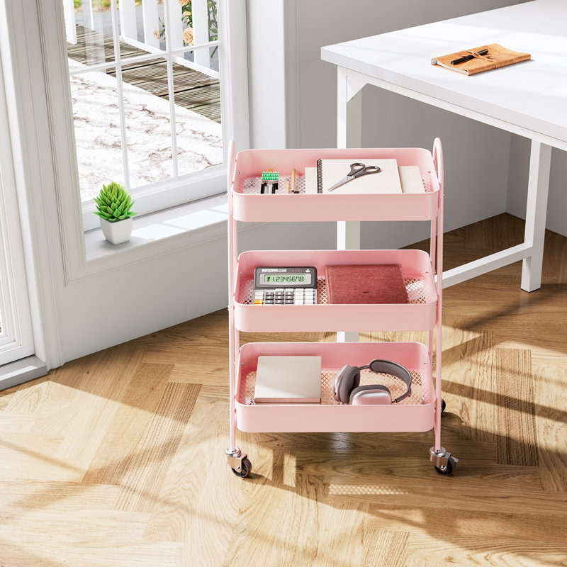 Chariot utilitaire roulant à 3 niveaux avec roues verrouillables, rangement en métal, Rose