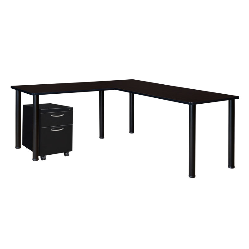 Bureau en coin en K avec plateau à piédestal et tiroir Kee, Cerisier / chrome, H 29 po x l 60 po x P 66 po