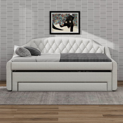 Upholstered Full Size Daybed With LED Lights, Trundle & 3 Drawers, Linen Sofa Bed
