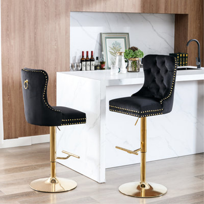 Black Velvet Bar Stools With Adjustable Seat - For Home And Kitchen   Of 2 Comfortable Island Pub