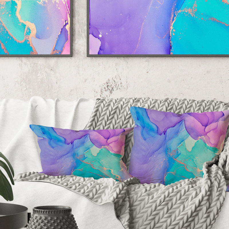 Bleu et mauve infusé d'or liquide - art moderne imprimé, 18 po x 18 po