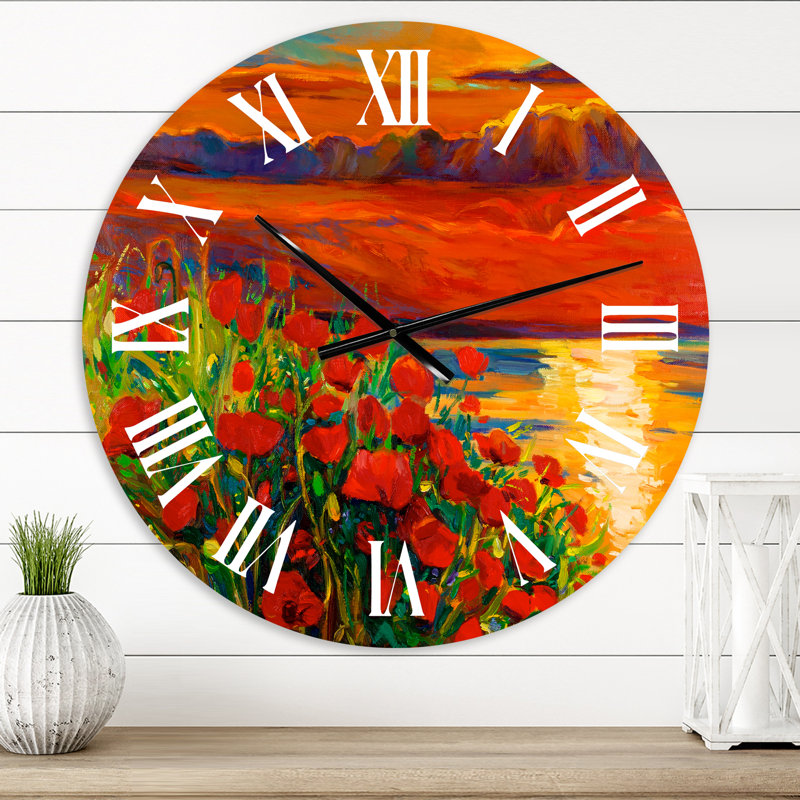 Coquelicots rouges près de l'océan au coucher du soleil - Horloge murale nautique et côtière, Surdimensionné