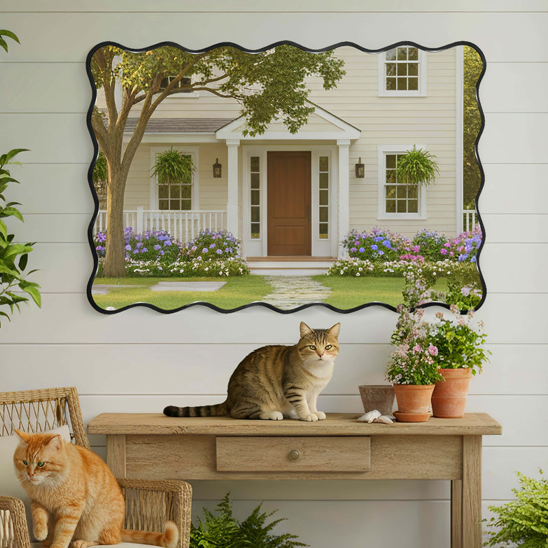 Wavy Rectangle Metal Framed Wall Accent Mirror, Black