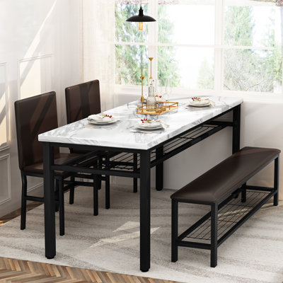 4-Piece Modern Dining Table Set, Faux Marble Kitchen Table With PU Leather Bench And Chairs, Table And Chairs Set For 4, Space Saving Dinette For Kitchen, Dining Room