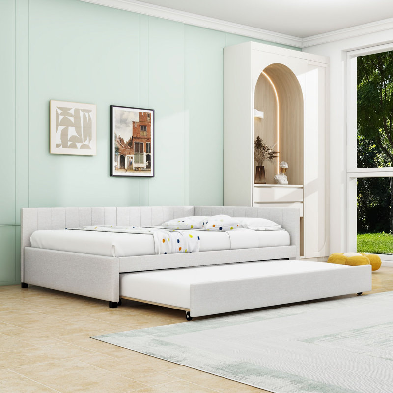 Yasmir Upholstered Sofa Daybed with Trundle, Beige, Full