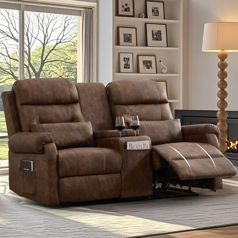Manual Reclining Loveseat With Storage Console And Cup Holders, Vintage Brown